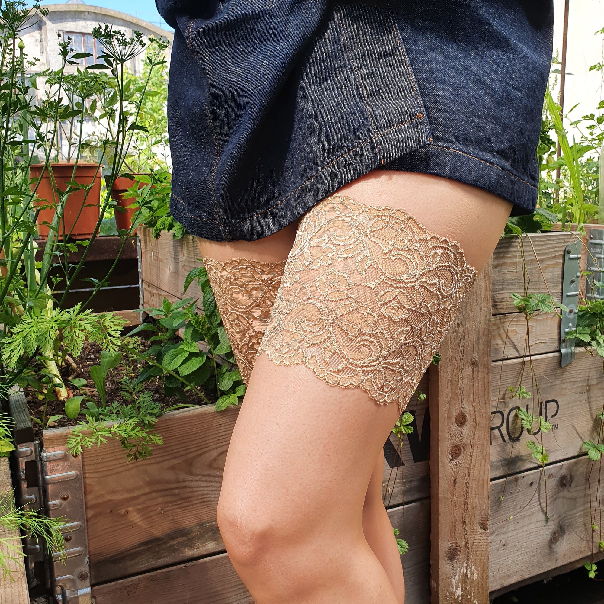 BESTSOCKDRAWER beige lace anti-chafing thigh bands
